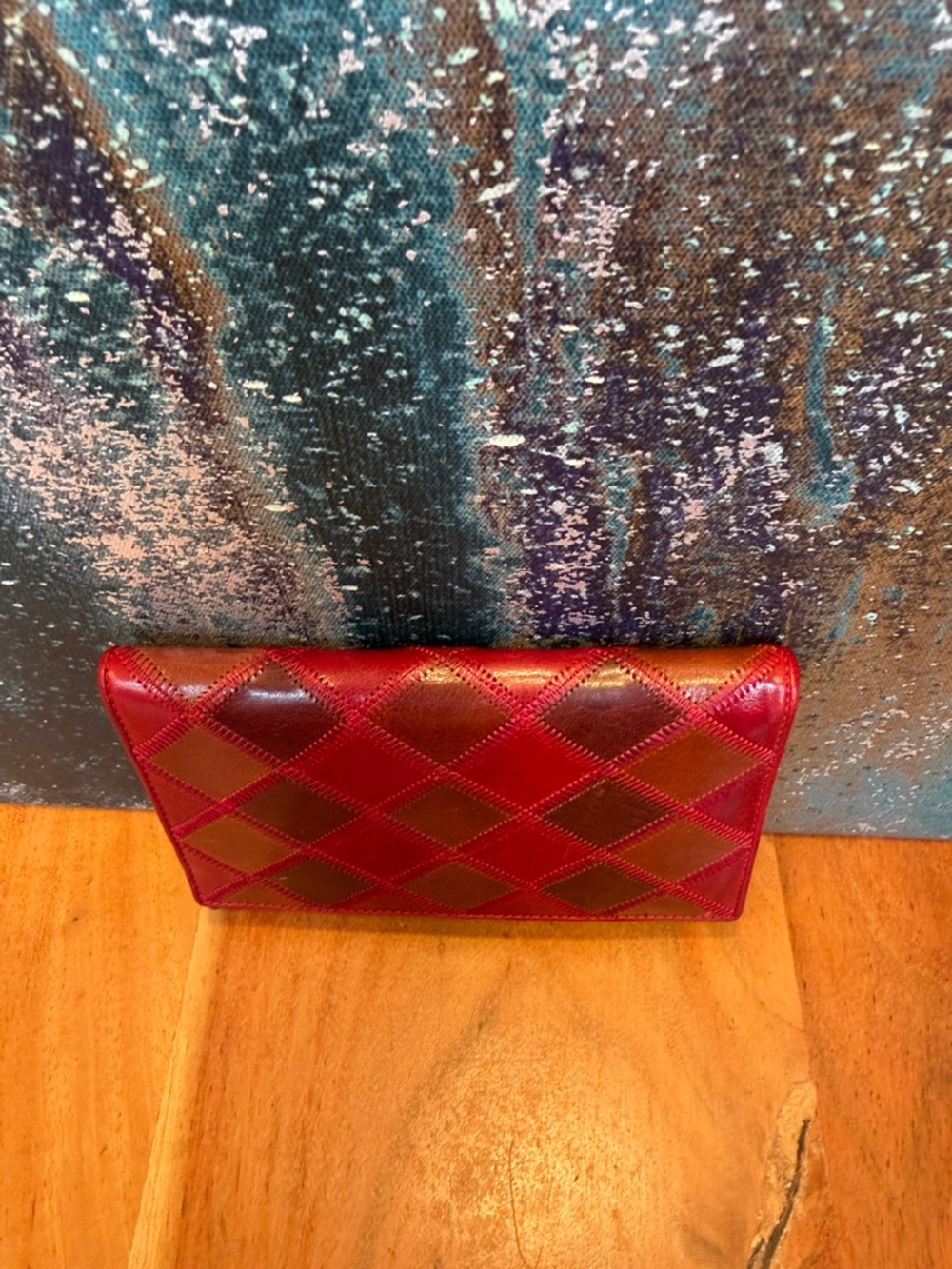 Firenze Vintage Y2K Patchwork Leather Wallet: Red Multi Color Quilted Argyle GUC - Picture 5 of 12